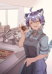  1girl absurdres ahoge alternate_costume animal_ears apron black_apron black_hair bowl candy chocolate closed_eyes collared_shirt commentary_request contemporary cowboy_shot extra_ears facing_viewer faucet food green_shirt hair_between_eyes hand_up heart heart-shaped_chocolate heart-shaped_food highres holding holding_chocolate holding_food indoors kemono_friends kemono_friends_3 kitchen maltese_tiger_(kemono_friends) multicolored_hair open_mouth pants purple_hair riri_(dgra3272) shirt short_hair sink smile solo tail tiger_ears tiger_girl tiger_tail white_hair wing_collar 