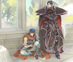  2boys armor black_armor blue_hair boots brown_boots closed_eyes closed_mouth commentary_request cropped crossed_arms eifilet fire_emblem fire_emblem:_radiant_dawn fire_emblem_heroes headband ike_(fire_emblem) ike_(vanguard_legend)_(fire_emblem) male_focus multiple_boys official_alternate_costume outdoors pauldrons red_headband ruins short_hair shoulder_armor sitting spoilers standing tree zelgius_(fire_emblem) zelgius_(jet-black_general)_(fire_emblem) 
