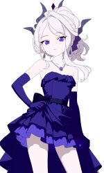  1girl absurdres arm_at_side bare_shoulders blue_archive blue_gem bow breasts closed_mouth collarbone commentary contrapposto cowboy_shot demon_girl demon_horns dot_nose dress earrings elbow_gloves evening_gown expressionless eyelashes forehead gem gloves hair_bow hand_on_own_hip highres hina_(blue_archive) hina_(dress)_(blue_archive) horns jewelry korean_commentary looking_at_viewer medium_dress multiple_horns official_alternate_costume official_alternate_hairstyle pale_skin parted_bangs pearl_earrings pendant purple_dress purple_gloves ringed_eyes sheung simple_background single_sidelock small_breasts solo standing strapless strapless_dress thighs violet_eyes white_background white_hair 