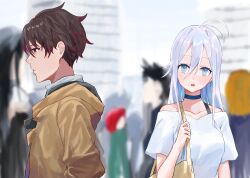  1boy 1girl 86_-eightysix- absurdres bag blue_choker brown_eyes brown_hair brown_jacket choker commentary hair_between_eyes highres jacket kaze_22 korean_commentary long_hair open_mouth people shinei_nouzen short_hair standing vladilena_millize white_eyes white_hair 