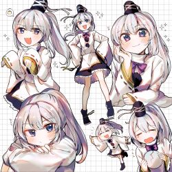  1girl absurdres black_hat black_shoes black_skirt closed_mouth commentary_request grey_eyes grey_hair grid_background hat highres holding holding_plate itsumizu japanese_clothes kariginu long_hair long_sleeves mononobe_no_futo multiple_views open_mouth plate pom_pom_(clothes) ponytail ribbon-trimmed_sleeves ribbon_trim shoes skirt solo speech_bubble star_(symbol) tate_eboshi tearing_up touhou white_background 