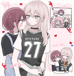  4girls bang_dream! bang_dream!_it's_mygo!!!!! black_choker black_shirt blue_eyes chihaya_anon choker closed_mouth commentary crossover fang girls_band_cry grey_eyes grey_hair hamchan69 hand_on_another's_head heart highres hug hug_from_behind iseri_nina kawaragi_momoka looking_at_another multicolored_hair multiple_girls open_mouth pink_eyes pink_hair red_hair roots_(hair) shirt short_sleeves short_twintails smile sunglasses takamatsu_tomori twintails yuri 