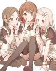  +_+ 3girls :p ahoge apron black_shirt black_shorts black_thighhighs blunt_ends blush brown_eyes brown_hair brown_ribbon closed_mouth collared_shirt commentary_request contrast_collar corset eating food food_on_face frilled_apron frills gakuen_idolmaster gradient_hair grey_hair hair_ornament hairclip hanami_ume happy_mille-feuille_(idolmaster) heart_apron highres holding holding_food idolmaster knees_up kuramoto_china laurels leaf_hair_ornament long_hair looking_at_another looking_at_object maid maid_apron medium_hair multicolored_hair multiple_girls neck_ribbon open_mouth orange_eyes parallel_hairclips parted_bangs puffy_short_sleeves puffy_sleeves red_hair red_ribbon ribbon shinosawa_hiro shirt short_sleeves shorts sitting smile tetta_(tettaakira) thigh-highs tongue tongue_out valentine wariza white_apron white_corset wrist_cuffs 