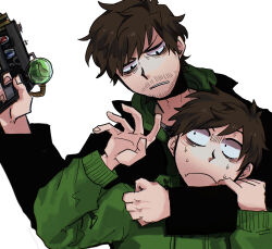  2boys age_difference animification antenna_hair arm_around_neck bags_under_eyes beard_stubble black_coat black_eyes brown_hair coat commentary_request drawstring dual_persona edd_(eddsworld) eddsworld energy_gun facial_hair frown future_edd_(eddsworld) green_hoodie hand_up highres holding_ray_gun hood hood_down hoodie jitome long_sleeves looking_at_another looking_down male_focus mature_male multiple_boys open_clothes open_coat partial_commentary rainbowmisosoup ray_gun scared short_hair simple_background stubble sweat swept_bangs time_paradox trench_coat weapon white_background wide-eyed 