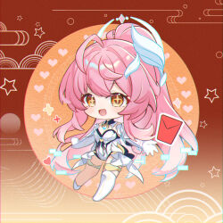  1girl aemeath_(wuthering_waves) ahoge breasts chibi chibi_only chinese_commentary chromatic_aberration commentary_request elbow_gloves full_body gloves hair_ornament highres kanjian_wo_de_jiangyoule_ma leotard long_hair medium_breasts open_mouth orange_eyes pink_hair ponytail smile solo star-shaped_pupils star_(symbol) symbol-shaped_pupils thighs white_gloves white_leotard wuthering_waves 