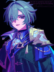  1boy 39_iduki ahoge blue_eyes collared_shirt commentary_request crossed_bangs dark_background dim_lighting earrings eyes_visible_through_hair genshin_impact gold_trim green_hair hair_between_eyes hair_intakes hair_over_one_eye highres jewelry lohen_(genshin_impact) male_focus mole open_mouth red_pupils shirt solo watermark 