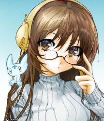  1girl adjusting_eyewear artist_name blue_background brown_eyes brown_hair chibi closed_mouth commentary cross eyes_visible_through_hair gradient_background hair_between_eyes hand_on_eyewear head_tilt headphones highres long_hair looking_to_the_side mole mole_under_eye multiple_moles original rumi_(cytrumi) semi-rimless_eyewear solo sweater turtleneck turtleneck_sweater upper_body white_sweater 