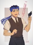  1boy apron black_apron black_necktie black_vest blue_hair collared_shirt cu_chulainn_(fate) fate_(series) fingernails hal_(haaaalhal) highres holding holding_notepad holding_pen long_hair male_focus necktie notepad one_eye_closed open_mouth pen ponytail red_eyes shirt signature solo teeth translation_request upper_body vest waist_apron waiter white_shirt 