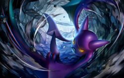  8686island animal_focus bat_(animal) bridge cave_interior colored_sclera commentary_request crobat no_humans open_mouth pokemon pokemon_(creature) pokemon_focus teeth violet_eyes wings yellow_sclera 