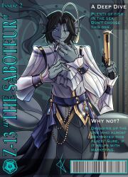  1boy anglerfish_boy belt black_hair blouse cigarette cover cowboy_shot curtained_hair english_text extra_eyes fake_alex fins frills gun hand_on_own_chin head_fins highres holding holding_cigarette holding_gun holding_weapon lapels looking_at_viewer magazine_cover monster_boy pressure_(roblox) sebastian_solace shirt short_hair single_extra_arm smirk smoke smoke_trail sparkle tail weapon white_shirt wrist_cuffs 