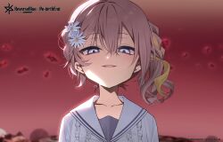  1girl artist_request brown_hair character_request commentary_request copyright_logo crazy_eyes dress flower frilled_dress frills hair_between_eyes hair_flower hair_ornament highres logo medium_hair official_art parted_lips reverseblue_x_re-birthend ribbon side_ponytail solo white_dress white_flower yellow_ribbon 