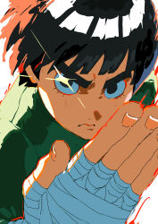  1boy 333takoyaki absurdres bandaged_hand bandages black_eyes black_hair blunt_ends closed_mouth commentary_request dutch_angle frown green_shirt highres lower_eyelashes_only male_focus naruto_(series) rock_lee sanpaku shirt short_hair solo thick_eyebrows upper_body v-shaped_eyebrows white_background 