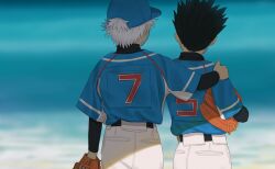  2boys back baseball_cap baseball_mitt baseball_uniform beach commentary english_commentary gon_freecss hand_on_another's_shoulder hat hunter_x_hunter killua_zoldyck luye_yuan male_focus multiple_boys outdoors shirt shirt_tucked_in short_hair spiky_hair sportswear upper_body white_hair 