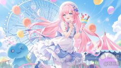  >_< 1girl :3 absurdres air_bubble apron artist_name balloon belt beret bird blue_eyes blue_shoes blue_sky blush bow bracelet bubble circus clenched_hand clouds day dress fence ferris_wheel food frilled_dress frilled_sleeves frills gazebo hair_between_eyes hair_bow hair_spread_out hand_on_own_chest hat highres holding holding_food holding_ice_cream ice_cream inflatable_toy inflating jewelry kiosk laughing long_hair looking_to_the_side maid_apron mihuashi_logo mihuashi_username original pantyhose parfait pavilion pink_hair scrunchie shoes sky solo standing standing_on_one_leg sunlight ttnong very_long_hair white_pantyhose wrist_scrunchie 