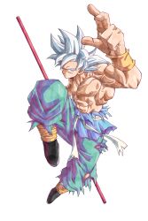  1boy abs absurdres beatlo_(rodrigo38658978) blue_pants commentary dragon_ball dragon_ball_super dragon_ball_z full_body grey_eyes grey_hair highres holding holding_staff male_focus medium_hair muscular muscular_male pants ruyi_jingu_bang simple_background solo son_goku spiky_hair staff topless_male ultra_instinct white_background 