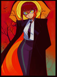  1girl bare_tree black_coat black_necktie black_pants braid braided_ponytail business_suit chain chainsaw_man coat collared_shirt commentary feet_out_of_frame formal_clothes full_body hand_in_pocket high-waist_pants highres jojomama38 long_hair long_sleeves looking_at_viewer makima_(chainsaw_man) necktie pants red_background red_hair ringed_eyes shirt sidelocks smile solo standing suit tree white_shirt wide-eyed yellow_eyes 