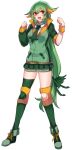  1girl :d archived_source asymmetrical_legwear asymmetrical_sleeves blonde_hair breasts collared_shirt full_body green_hair green_jacket green_necktie green_socks green_thighhighs hair_between_eyes hair_flaps jacket katagiri_hachigou kneehighs legs_apart long_hair low-tied_long_hair medium_breasts necktie open_mouth personification pokemon red_eyes serperior shirt simple_background single_kneehigh single_sock single_thighhigh smile socks solo standing thigh-highs track_jacket uneven_legwear uneven_sleeves very_long_hair white_background white_shirt wristband yellow_wristband 