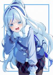  1girl absurdres ahoge aokumo_rin black_pantyhose black_skirt blue_background blue_eyes blue_hair blue_jacket blue_scrunchie blue_streaks blush checkered_clothes checkered_skirt commentary_request cowboy_shot diagonal-striped_clothes diagonal-striped_skirt drooling fur-trimmed_jacket fur_trim gloves hand_up highres jacket jinggun korean_commentary leaning_forward long_hair long_sleeves looking_at_viewer mouth_drool multicolored_hair multicolored_skirt open_mouth pantyhose purple_skirt red_skirt scrunchie simple_background skirt solo stellive striped_clothes striped_skirt two-tone_hair virtual_youtuber white_background white_gloves white_hair 