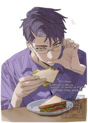  ^^^ alternate_costume bread cheese collared_shirt commentary corbeau_(pokemon) eating food glasses highres holding holding_food holding_sandwich kitsune_(ly_howe) lettuce male_focus mustard no plate pokemon pokemon_legends:_z-a purple_hair purple_shirt sandwich shirt slit_pupils table thumb_sucking tomato tomato_slice tsurime twitter_username untranslatable_commentary white_background yellow_eyes 