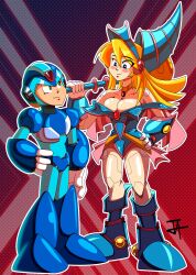  absurdres android arm_guards armor armored_boots bare_shoulders blonde_hair blue_bodysuit blue_dress blue_leotard blush_stickers bodysuit boots breasts choker dark_magician_girl dress earphones el_evd gloves green_eyes hair_between_eyes hand_on_own_hip hat helmet highres holding holding_staff jeweled_helmet joints knee_boots large_breasts leotard long_hair looking_at_another looking_down looking_up mechanical_arms mechanical_legs mechanization mega_man_(series) mega_man_x_(series) robot robot_joints short_dress shoulder_armor sidelocks staff white_gloves witch_hat x_(mega_man) yu-gi-oh! 