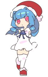  1girl arms_behind_back bare_shoulders blue_hair blue_ribbon blunt_bangs blush_stickers closed_mouth deformed detached_sleeves dress expressionless flower_knot full_body fur-trimmed_shoes hair_intakes hat highres kotonoha_aoi long_hair low-tied_sidelocks pink_eyes red_hat red_shoes ribbon sakamoto_ahiru santa_hat shoes sidelocks solo standing standing_on_one_leg thigh-highs voiceroid white_dress white_thighhighs 