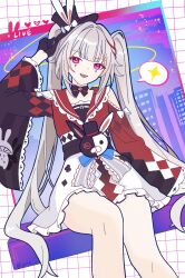  1girl absurdres animal_ears black_gloves city facial_tattoo gloves grey_hair hat highres honkai:_star_rail honkai_(series) long_hair long_sleeves looking_at_viewer multicolored_hair open_mouth pink_eyes rabbit rabbit_ears red_hair red_shirt sailor_collar shirt sitting skirt smile solo sparkle_(honkai:_star_rail) sparxie_(honkai:_star_rail) streaked_hair stuffed_animal stuffed_rabbit stuffed_toy tattoo twintails very_long_hair violet_eyes white_skirt yino 