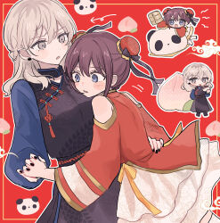  2girls black_nails blue_eyes blush bun_cover clothing_cutout commentary double_bun ear_piercing food fruit girls_band_cry grey_eyes grey_hair hair_between_eyes hair_bun hamchan69 highres hug interlocked_fingers iseri_nina kawaragi_momoka long_hair multicolored_hair multiple_girls nail_polish open_mouth oversized_object peach piercing roots_(hair) shoulder_cutout skirt white_skirt yuri 