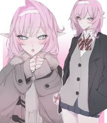  1girl alternate_costume black_coat blue_skirt brown_coat coat commentary_request elysia_(honkai_impact) fuahina grey_vest hairband highres honkai_(series) honkai_impact_3rd long_hair looking_at_viewer miniskirt multiple_views open_mouth pink_hair skirt smile very_long_hair vest white_hairband 