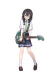  1girl absurdres black_hair blue_skirt bow braid breast_pocket brown_footwear cevio collared_shirt crossed_bangs electric_guitar flat_chest full_body glasses green_eyes green_necktie guitar hair_between_eyes hair_bow hanakuma_chifuyu heel_up highres holding holding_instrument holding_plectrum instrument kaito_(k4itoh) light_brown_hair loafers long_hair looking_at_viewer necktie open_mouth plectrum pocket second-party_source shirt shoes short_sleeves skirt smile socks solo standing synthesizer_v transparent_background twin_braids white_shirt white_socks 