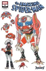  1girl absurdres black_eyes black_hair bomb bug comic_cover concept_art copyright_logo copyright_name cover cover_page demon_days_(marvel) english_text explosive eyeshadow facial_mark fur_hat hand_on_own_hip hat highres horned_hat japanese_clothes logo looking_at_viewer makeup marvel marvel_rivals mecha official_alternate_costume official_art pants peach_momoko peni_parker peni_parker_(yatsukahagi) red_eyeshadow reference_sheet robot sandals short_hair smile sp//dr sp//dr_(spider) spider spider-man_(series) spider-verse striped_clothes striped_pants tabi white_background 