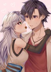  1boy 1girl black_hair blush breasts coat commentary_request couple eiyuu_densetsu fie_claussell food_in_mouth green_eyes highres hug kai_no_kiseki kuro_no_kiseki_(series) long_hair looking_at_another nu_bo_bo_o rean_schwarzer red_shirt sen_no_kiseki_(series) shirt simple_background small_breasts violet_eyes white_hair 