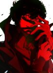  1boy adjusting_clothes adjusting_gloves amamiya_ren coat gloves hair_between_eyes high_collar highres long_sleeves looking_at_viewer male_focus monochrome nagisa99 parted_lips persona persona_5 red_theme simple_background solo upper_body white_background 