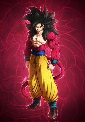  1boy aura black_hair body_fur clenched_hands dragon_ball dragon_ball_gt glowing highres medium_hair monkey_tail muscular muscular_male pants red_background red_fur red_tail renatt_(rntt_o) solo_focus son_goku spiky_hair standing super_saiyan super_saiyan_4 tail topless_male yellow_pants zoom_layer 
