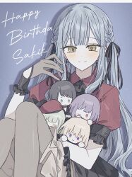 1girl amoris_(bang_dream!) bang_dream! bang_dream!_it's_mygo!!!!! black_ribbon black_skirt blue_background blue_hair blush braid character_doll character_name closed_mouth commentary doll doloris_(bang_dream!) gloves grey_gloves grey_pantyhose hair_ribbon hand_up happy_birthday hashtag-only_commentary highres long_hair looking_at_viewer misumi_uika mortis_(bang_dream!) mortis_(costume)_(bang_dream!) oblivionis_(bang_dream!) pantyhose puffy_short_sleeves puffy_sleeves red_shirt ribbon shirt short_sleeves sidelocks skirt timoris_(bang_dream!) togawa_sakiko uis410 untranslatable_commentary wakaba_mutsumi yahata_umiri yellow_eyes yuutenji_nyamu 