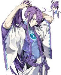  1boy ahoge arms_behind_head arms_up blue_bodysuit blue_eyes bodysuit chibi chibi_inset closed_mouth clothing_cutout double-parted_bangs ducky102938 expressionless hair_over_one_eye hakama haori hashtag-only_commentary high_ponytail highres hip_vent japanese_clothes kamui_gakupo long_hair long_sidelocks looking_to_the_side male_focus multicolored_bodysuit pale_skin pants pectorals ponytail puff_of_air purple_bodysuit purple_hair purple_nails purple_rope rope rope_belt short_sleeves sidelocks simple_background solo thumbs_up toned toned_male tsurime turtleneck two-tone_bodysuit tying_hair upper_body very_long_hair vocaloid white_background white_hakama white_haori white_pants wide_sleeves 