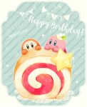  :o aqua_background artist_name blue_eyes blush blush_stickers border brown_eyes cake closed_mouth commentary_request dated english_text food food_on_head happy_birthday heart kirby kirby_(series) kotori_(lycka) looking_at_viewer no_humans object_on_head simple_background star_(symbol) string_of_flags striped striped_background swiss_roll twitter_username waddle_dee whipped_cream white_border 