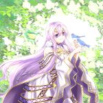  animal animal_on_shoulder bare_shoulders bird bird_on_hand bird_on_shoulder blue_bird circlet dress fire_emblem fire_emblem:_genealogy_of_the_holy_war forest green_bird julia_(fire_emblem) leaf long_hair nature outdoors purple_hair smile tree violet_eyes white_bird 