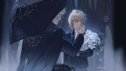  2boys aged_down alternate_costume arm_tattoo black_jacket black_pants blonde_hair bouquet braid chest_tattoo collared_shirt commentary facial_tattoo flower gradient_hair highres holding holding_bouquet holding_umbrella honkai:_star_rail honkai_(series) jacket maicolor male_focus medium_hair multicolored_hair multiple_boys mydei_(honkai:_star_rail) pants phainon_(honkai:_star_rail) phainon_(khaslana)_(honkai:_star_rail) rain red_hair red_tattoo rose shirt side_braid tattoo twitter_username umbrella untranslatable_commentary white_flower white_rose white_shirt yellow_eyes 