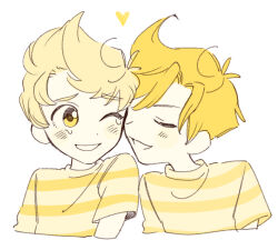  2boys antenna_hair blonde_hair brothers brown_hair claus_(mother_3) commentary_request cyappy1022 highres lucas_(mother_3) male_focus mother_(series) mother_3 multiple_boys open_mouth orange_hair shirt short_hair short_sleeves siblings simple_background smile striped_clothes striped_shirt twins 