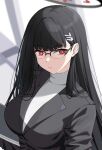  1girl black_hair black_jacket blue_archive breasts bright_pupils glasses hair_ornament hairclip halo highres holding holding_tablet_pc jacket large_breasts long_hair red_eyes reia_76 rio_(blue_archive) semi-rimless_eyewear solo sweater tablet_pc turtleneck turtleneck_sweater very_long_hair white_pupils white_sweater 
