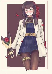  1girl black_dress blunt_sidelocks blush bouquet brown_pantyhose coat cowboy_shot dress english_commentary flower flower_hairband folded_hair freckles hairband highres kantai_collection looking_at_viewer mogador_(kancolle) mogador_(valentine)_(kancolle) pantyhose red_flower red_hairband red_rose rose sidelocks solo striped_clothes striped_dress tears thigh_gap thigh_strap thrux white_coat 