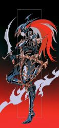  1boy armor black_background black_luster_soldier closed_mouth duel_monster from_side gradient_background helm helmet highres holding holding_sword holding_weapon inset_border looking_down male_focus plume poleyn profile red_background red_eyes shield shoulder_armor shoulder_spikes solo spikes standing standing_on_one_leg sword two-tone_background weapon yamamee19 yu-gi-oh! 