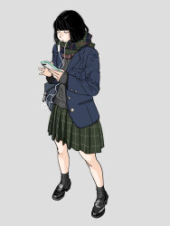  1girl absurdres black_hair black_shoes black_socks blue_coat closed_eyes coat full_body green_scarf green_skirt grey_vest highres holding holding_phone loafers medium_hair phone plaid_clothes plaid_scarf pleated_skirt sakamoto_giulietta scarf school_uniform shoes simple_background skirt socks standing vest 