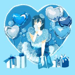  balloon blue_background blue_bow blue_dress blue_hair bow box bubble dress gift gift_box gloves hand_on_own_face hat heart heart_balloon highres large_bow long_hair looking_up love_live! love_live!_school_idol_project ohayo_tamago skirt smile sonoda_umi too_many_gifts white_gloves yellow_eyes 