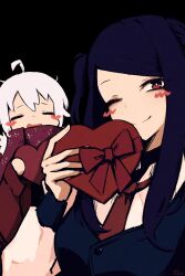  2girls absurdres black_background blue_vest blush box closed_eyes commentary dana_zane english_commentary heart-shaped_box highres jill_stingray long_hair multiple_girls necktie open_mouth red_eyes red_necktie rnna shirt short_hair upper_body va-11_hall-a vest white_hair white_shirt 