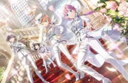  4girls anyoji_hime aqua_eyes ascot black_hair blonde_hair blue_eyes blunt_bangs blunt_ends bob_cut boots braid braided_ponytail breasts cape center_frills closed_mouth collared_jacket collared_shirt dutch_angle finger_to_mouth floating_cape flower frilled_shirt frills game_cg gloves gradient_hair green_eyes grin hand_on_own_hip hat highres hinoshita_kaho ichigo_milk_love indoors jacket katsuragi_izumi link!_like!_love_live! long_sleeves looking_at_viewer love_live! low_ponytail medium_breasts momose_ginko multicolored_hair multiple_girls non-web_source official_art one_eye_closed orange_eyes orange_hair pants pink_hair ponytail princes_(love_live!) rose self-datamine shirt short_hair shorts shushing single_braid sitting sitting_on_stairs smile stairs standing v-shaped_eyebrows virtual_youtuber white_ascot white_boots white_cape white_flower white_gloves white_hat white_jacket white_pants white_rose white_shirt white_shorts 