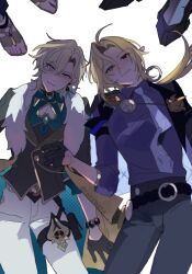  4boys ahoge aventurine_(honkai:_star_rail) black_gloves black_pants blonde_hair blue_eyes catxmata clothing_cutout commentary_request dr._ratio_(honkai:_star_rail) gloves grey_eyes heterochromia highres honkai:_star_rail honkai_(series) hugo_vlad male_focus mihoyo multiple_boys necktie pants prosthesis prosthetic_leg purple_necktie purple_shirt red_eyes sandals shirt simple_background violet_eyes von_lycaon white_background white_pants zenless_zone_zero 