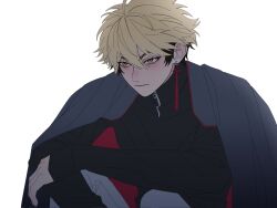  1boy ahoge black_coat black_hair black_shirt blonde_hair blush borrowed_accessory borrowed_clothes closed_mouth coat coat_on_shoulders earrings english_commentary grey_pants hair_between_eyes highres implied_yaoi jewelry long_sleeves male_focus multicolored_hair orange_eyes pants shiguang_dailiren shirt short_hair simple_background single_earring sitting sleeves_past_wrists solo tassel tassel_earrings turtleneck two-sided_coat two-sided_fabric two-tone_hair white_background xia_fei yellow_eyes yier192 zipper zipper_pull_tab 