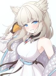  1girl :d absurdres arknights arknights:_endfield arm_up bare_shoulders black_gloves blonde_hair blue_eyes blush collared_dress commentary contrast_collar dress gloves grin hand_in_own_hair highres long_hair looking_at_viewer makuraapillow off_shoulder perlica_(arknights) simple_background sleeveless sleeveless_dress smile solo split_mouth upper_body white_background white_dress yellow_gloves yellow_pupils 