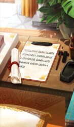  after_time_valentine_2026 calligraphy_brush commentary_request fate/grand_order fate_(series) indoors inkstone no_humans official_art paintbrush paper plant potted_plant scroll still_life third-party_source zap 
